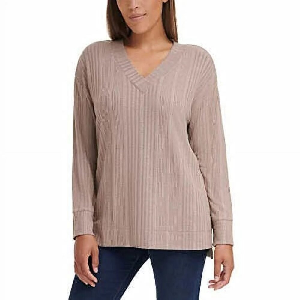 Marc New York Women’s Ribbed V-Neck Long Sleeve Top (Taupe,Medium)
